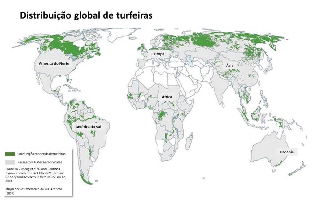 As turfeiras são encontradas em cerca de 180 países. Muitas delas não foram reconhecidas e ainda não estão devidamente mapeadas. Fonte: Levi Westerveld / GRID-Arendal, CC BY-ND.